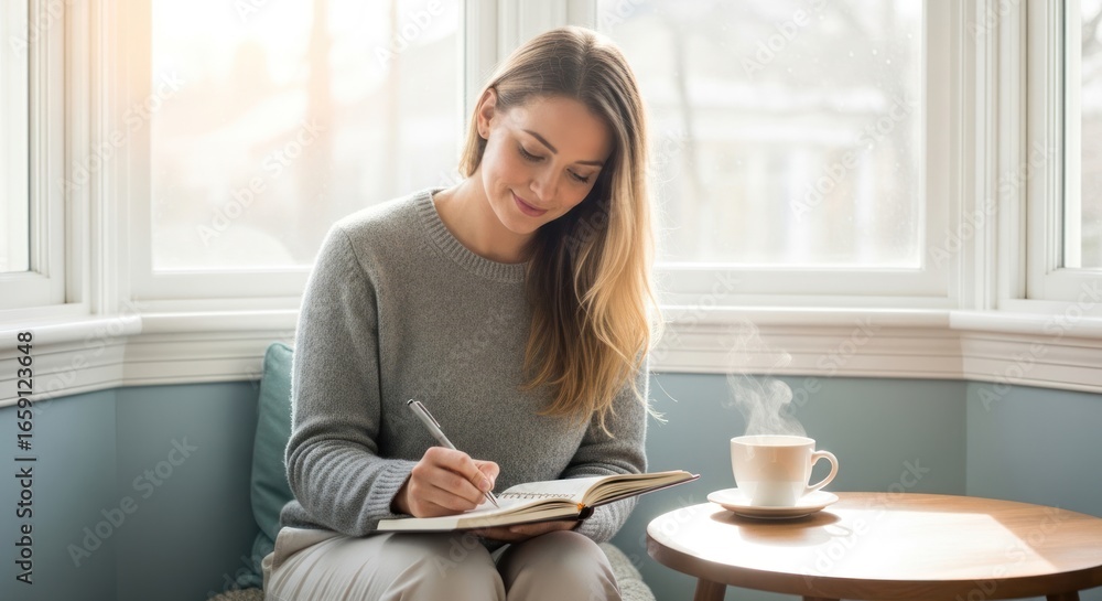 A woman writing in a journal with a steaming cup of coffee on a wooden table. A woman writing in a journal with a steaming cup of coffee on a wooden table.