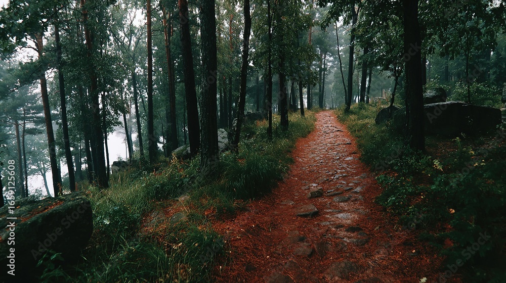 Fototapeta premium Path through dense forest with tall trees and green undergrowth.