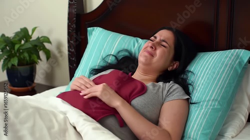 Distressed Woman Crying in Bed with Hot Water Bag for Pain Relief Featuring Teal Pillows and Natural Lighting Perfect for Decoration and Symbolizing Women's Health and Emotional Themes