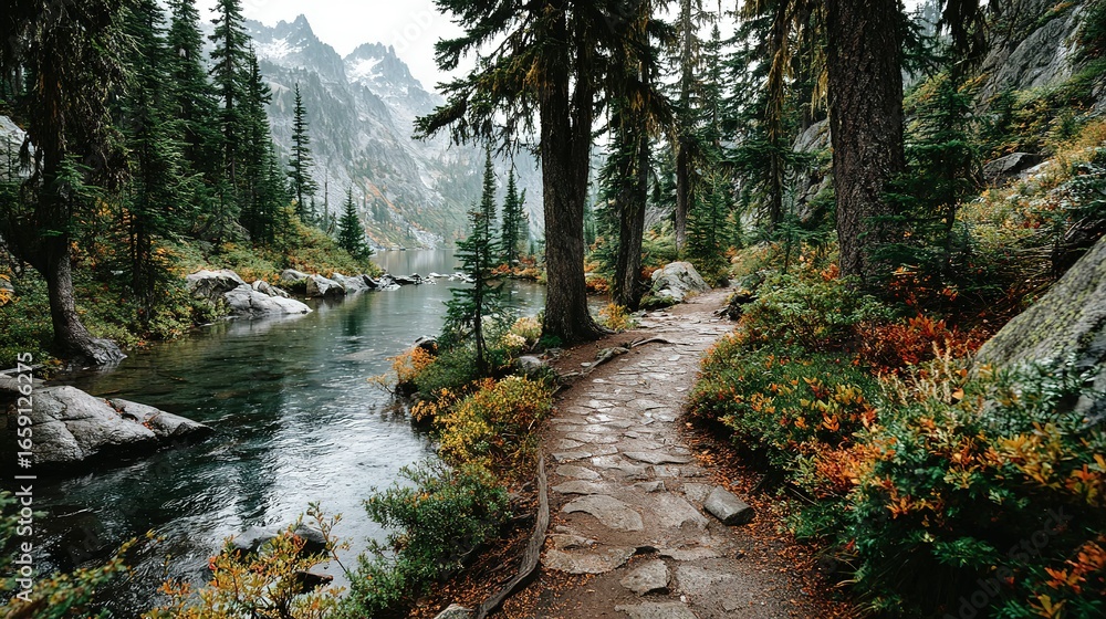 Obraz premium Path through a forest beside a lake with mountains in the background.