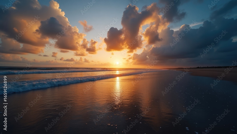 Obraz premium Golden sunset over a tranquil beach.