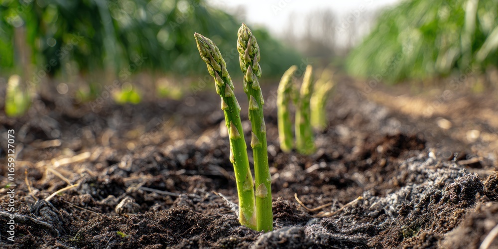 Fototapeta premium Fresh Asparagus Spears Emerging in a Lush Green Field Under the Sun's Warm Embrace