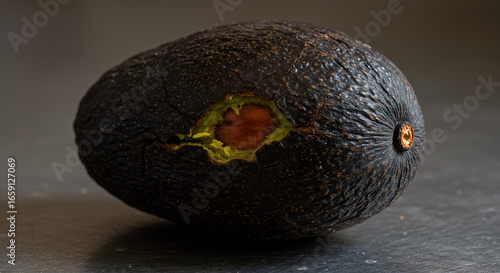 Detailed macro shot of a single overripe and decaying avocado with wrinkled dark skin and a rotten spot showing its spoiled flesh. A powerful concept of food waste, spoilage, and decomposition.