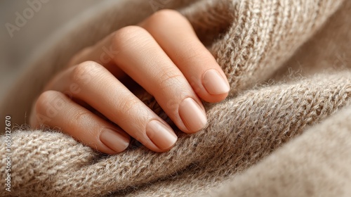 Woman's hand with nude nails on a beige knitted woolen sweater. Great for advertising nail polish, hand cream or cozy fall concepts.