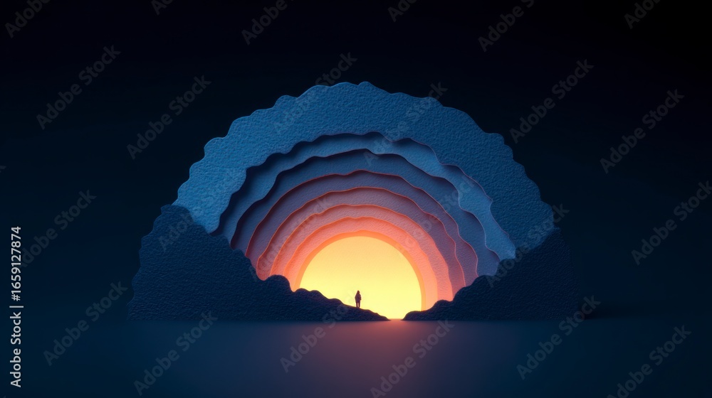 Obraz premium Solitary silhouette facing a luminous sunrise within layered cave like formations