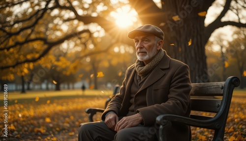 an elderly man sits on a bench in a park
