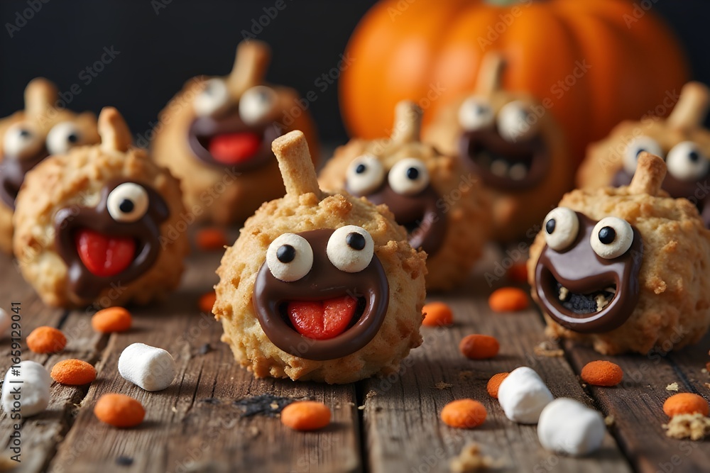Fototapeta premium Heloween dessert: funny monsters made of biscuits with chocolate and marshmelow close-up on the table. 3d rendering.