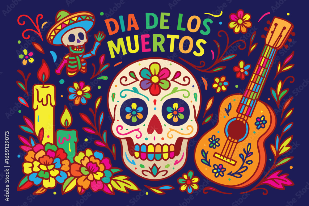 Obraz premium A festive colorful vector background designed for Dia de los Muertos, highlighting skulls, marigolds, ornate motifs, embracing Mexican traditions, cultural vibrancy, joy, remembrance.