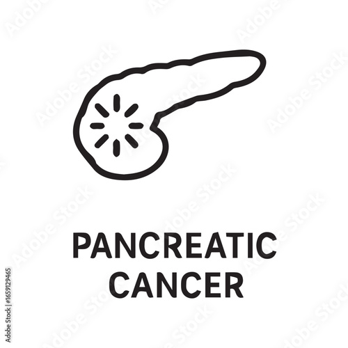 Vector icon minimalist design about pancreatic cancer awareness, using black and white theme with bold black outline, symbolizing strength, hope, healing, resilience, unity.