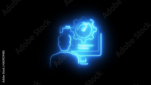 Blue neon outline of person at computer with gear and gauge