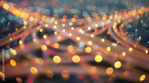 City interchange at night with glowing lights and abstract bokeh effect.