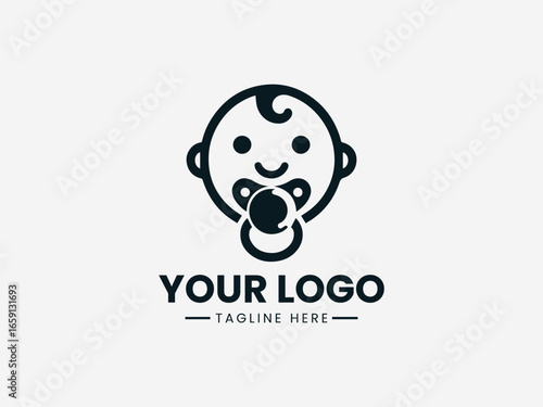 Joyful happy baby with pacifier and sparkling eyes in cheerful vector logo