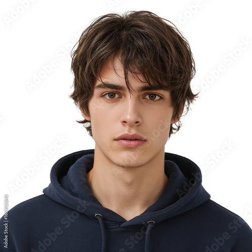 Serious Young Man with Messy Hair Looking Directly at Camera in Dark Hoodie on Isolated transparent background.