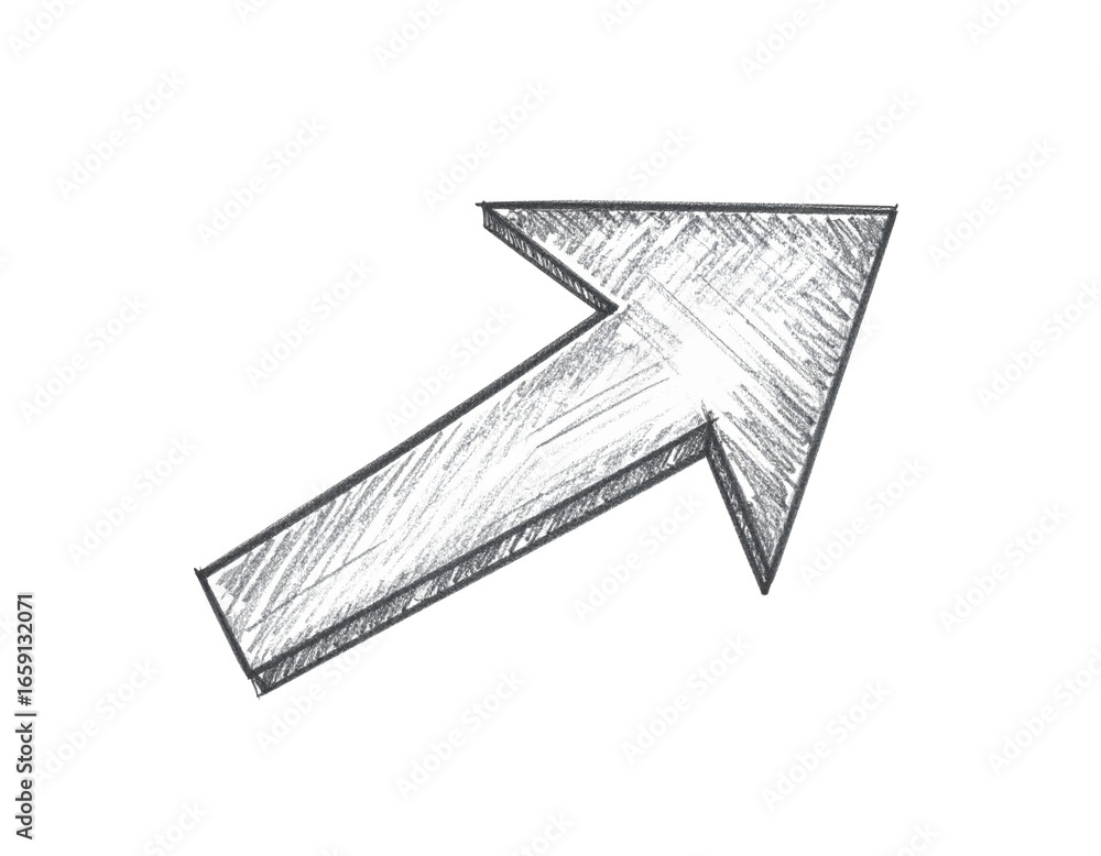 Fototapeta premium Handdrawn 3D block arrow with a rough pencil sketch texture pointing diagonally up.