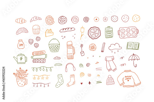 Hand drawn cozy autumn vector clipart set