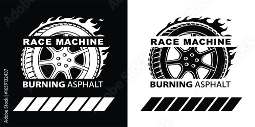 Race machine burning asphalt with tire and flames, isolated on white background