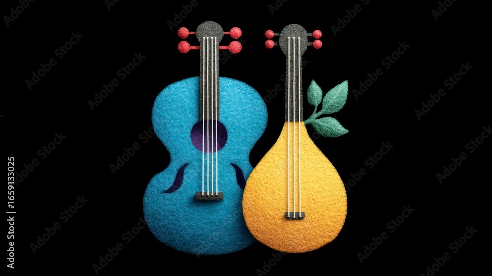 Naklejka premium Two musical instruments a blue cello and a yellow lute stand on a black background with a sprig of green leaves