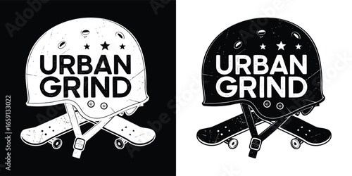 Urban grind logo with helmet and roller skates, representing extreme sports and urban lifestyle, available in black and white versions