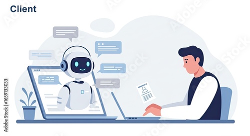 AI chatbot providing customer support to a client, modern digital assistance with virtual assistant on laptop screen for online businesses and tech solutions