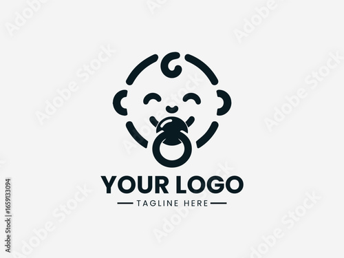 Joyful happy baby with pacifier and sparkling eyes in cheerful vector logo