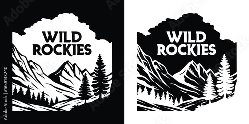 Wild rockies logo featuring majestic mountains and evergreen trees, displayed in contrasting black and white formats for design flexibility
