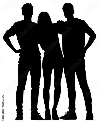 Silhouette of Three People Standing Close Together Taking a Group Photo