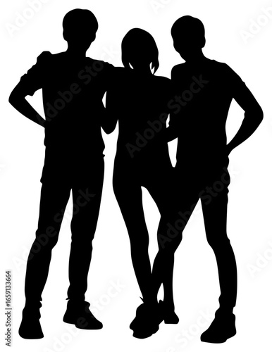 Silhouette of Three People Standing Close Together Taking a Group Photo
