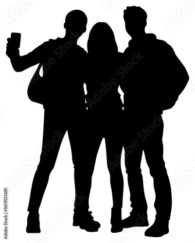 Silhouette of Three People Standing Close Together Taking a Group Photo