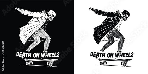 Skeleton skateboarding with the phrase death on wheels in a dynamic pose, presented in both black and white versions for versatile design applications