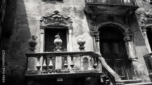 Black and white weathered building facade with ornate balcony and stairs