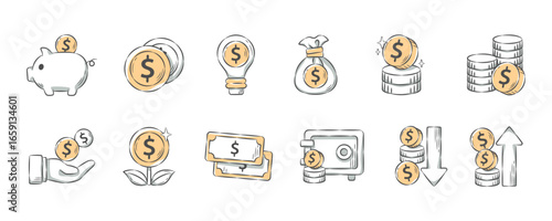 Financial and business . Hand drawn icon cartoon illustration collection . Set 1 of 3 . Vector .