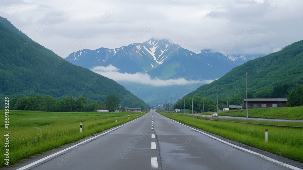 Naklejka premium Road winding through lush valley, snow-capped mountains in the distance