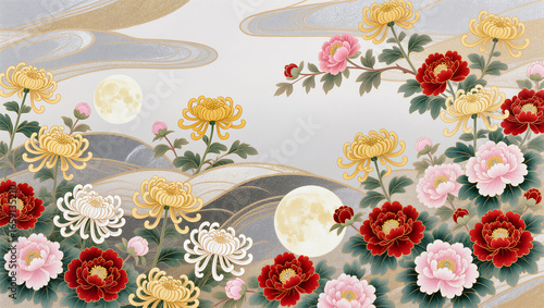 Elegant Japanese-style background with full moon, golden clouds, and colorful chrysanthemums and peonies in bloom, traditional floral design for seasonal and decorative use