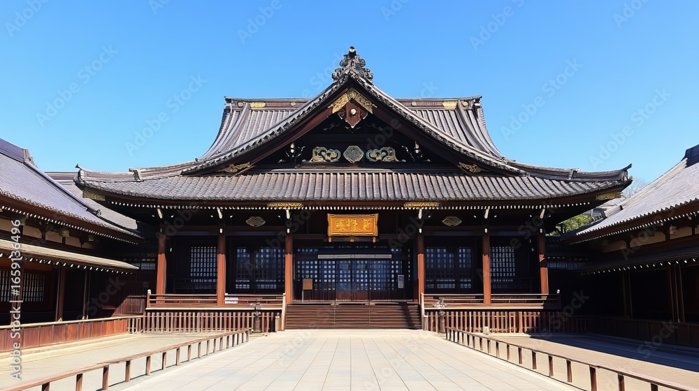 Fototapeta premium Traditional Japanese temple facade, wide shot, clear blue sky