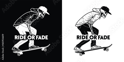 Skateboarding skeleton wearing a hoodie and jeans, riding a skateboard with the text ride or fade on a black and white background