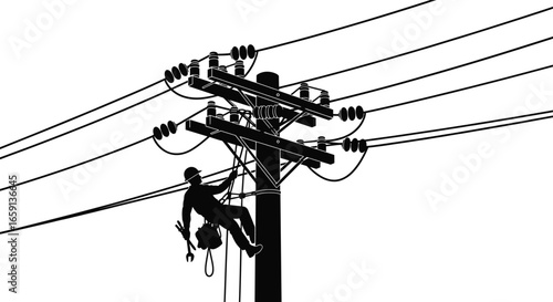 Electrical lineman on utility pole, high voltage powerline repair, energy infrastructure maintenance, technician climbing pole, outdoor electric service worker, electricity grid line technician