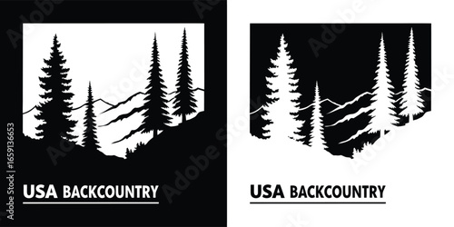 Usa backcountry landscape with pine trees and mountain range in silhouette against the sky