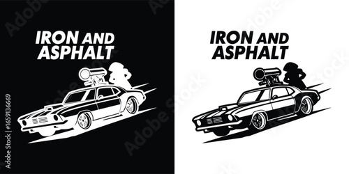 Vintage muscle car with supercharger and text iron and asphalt on black and white background, isolated on white background