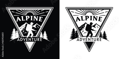 Alpine adventure mountain landscape with hiker silhouette and text on black and white background