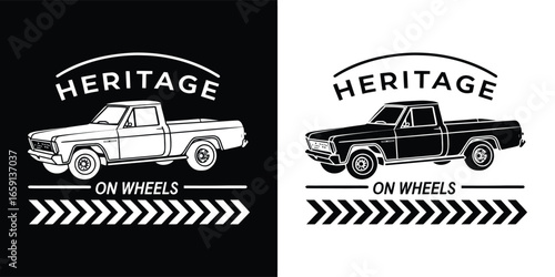 Heritage pickup truck on wheels, classic vehicle, isolated on white background