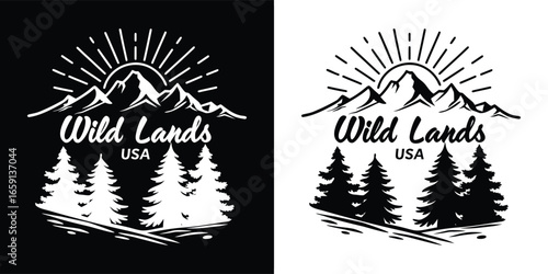Vintage mountain landscape with pine trees and sun rays, featuring the text wild lands usa, isolated on white background