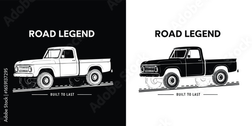 Classic pickup truck illustration with the text road legend in black and white