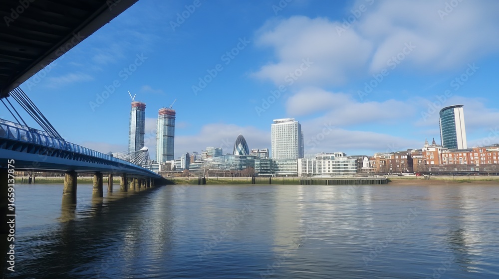 Obraz premium City skyline reflected on a calm river, a bridge in the foreground