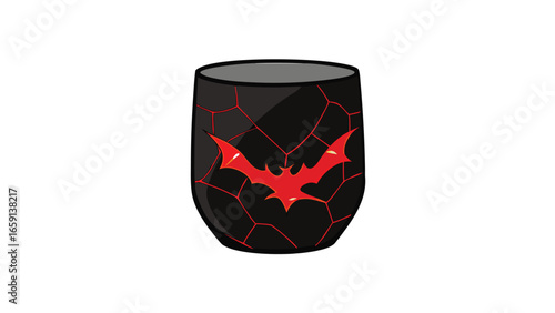 A black and red cup featuring a noticeable crack on its surface.
