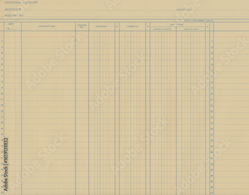 Blank vintage General ledger form for payroll or purchases