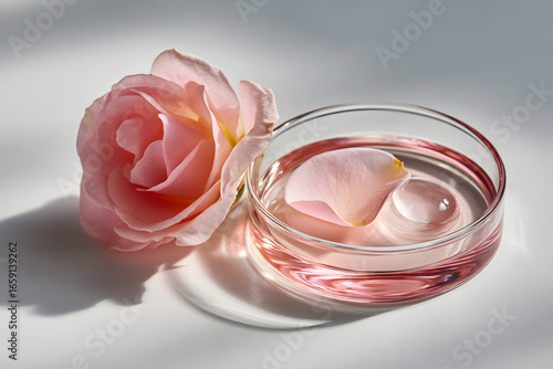 Rose petals in glass petri dishes with rose oil droplet, Extracted rose petal essential oil set on white background. skincare & wellness concept with pharmacy laboratory mood.