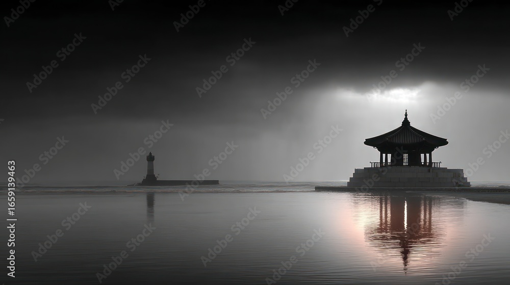 Obraz premium Traditional Korean pavilion and distant lighthouse reflected in calm water under dramatic cloudy sky
