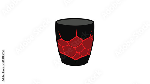 A black and red cup displaying a prominent crack along its side.