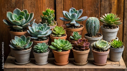Wallpaper Mural Collection of potted succulents and a cactus displayed against a wooden background indoors Torontodigital.ca