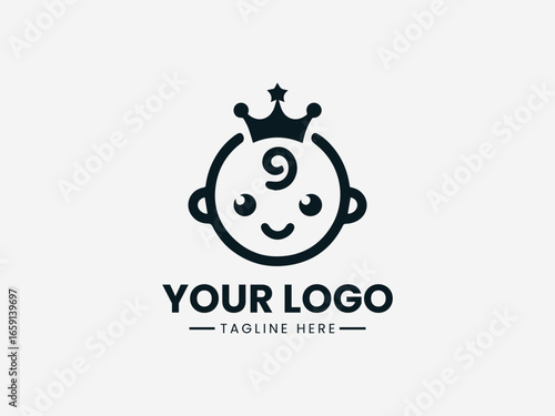 Royal baby king sitting on throne with crown and scepter in regal vector logo